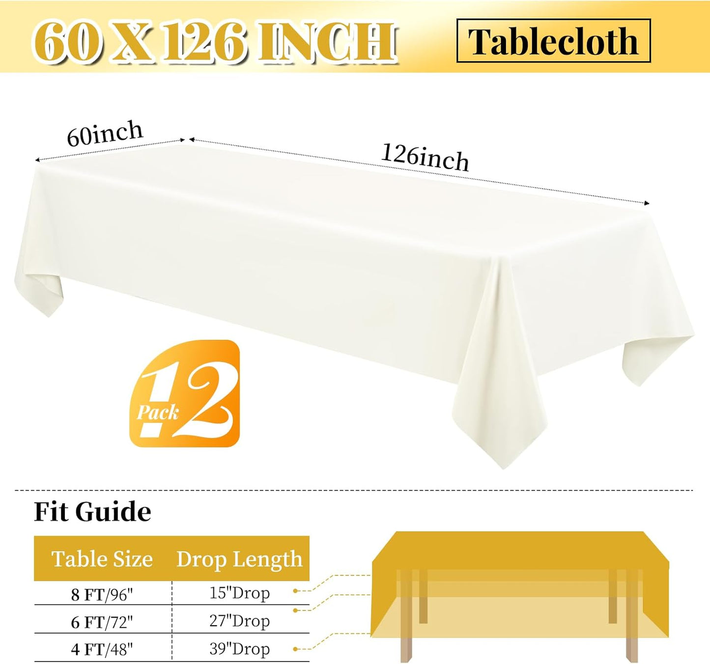 12 Pack 60 x 126 Inch Rectangle Tablecloth Ivory Polyester Tablecloth for 8 Ft Rectangle Tables, Washable Fabric Table Cloth for Wedding Dining Table Buffet Parties Camping