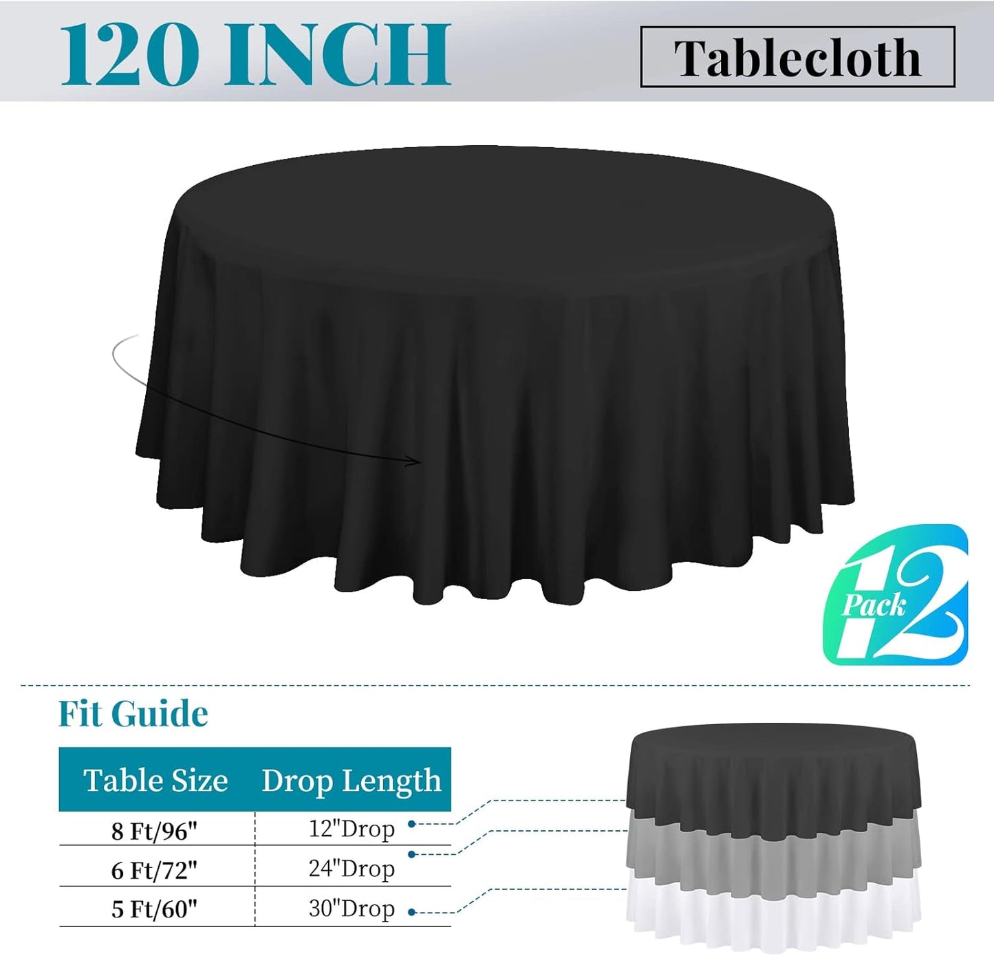 12 Pack 120 Inch Round Tablecloth, Black Polyester Fabric Table Cloth for Round Table, Washable Tablecover for Wedding Party Dining Buffet Banquet Restaurant and Camping