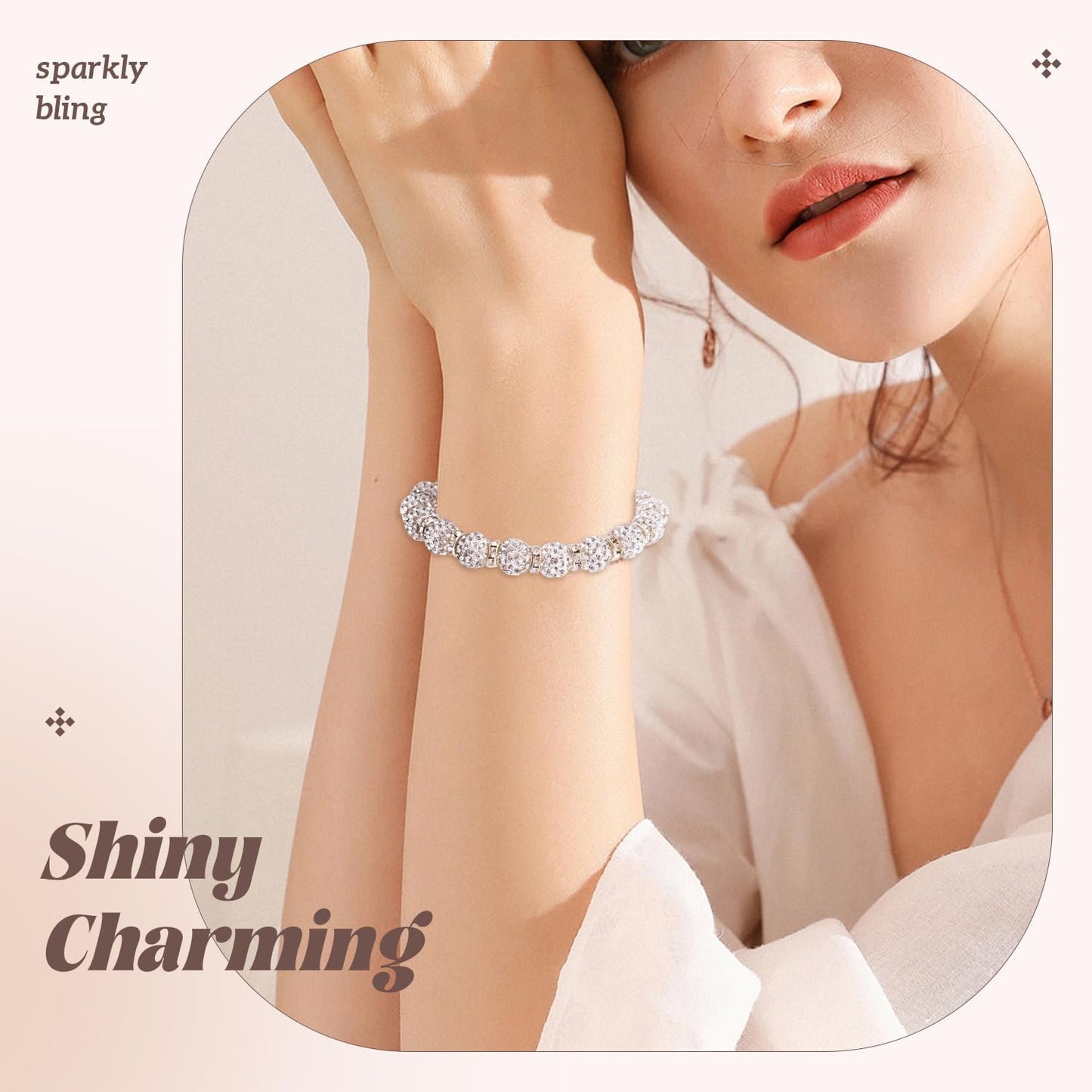 105pcs 10mm Rhinestone Beads for Jewelry Making, White Shiny Round Disco Ball Beads Bulk, Sparkle Crystal Clay Christmas Bead for Bracelet Baseball Necklace Earring Crafting and DIY