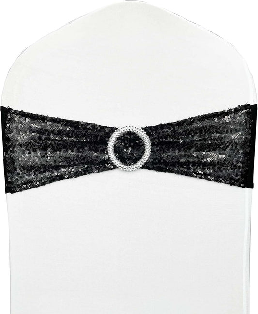 100 Pcs Chair Sashes Sequin Stretch Chair Bands Spandex Polyester Bows for Party Hotel Wedding Banquets Decoration - Black