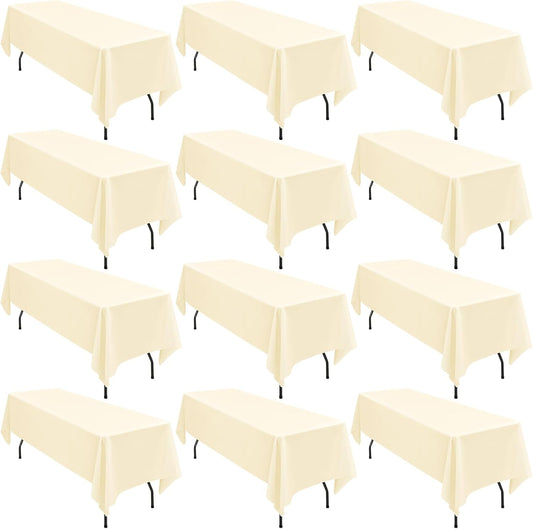 12 Pack 60 x 126 Inch Tablecloth, Beige Polyester Tablecloth for 8 Ft Rectangle Tables, Washable Fabric Table Cover for Wedding Party Dining Buffet Parties or Camping
