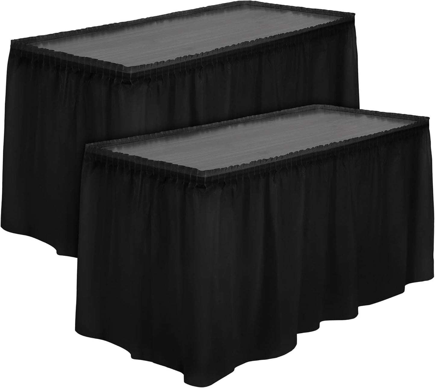 TURSTIN 2 Pieces Black Plastic Table Skirts 14 x 29 Feet for Rectangle Tables Fitted Tablecloth Disposable Table Cover for Birthday Party, Events, Banquette Baby Shower