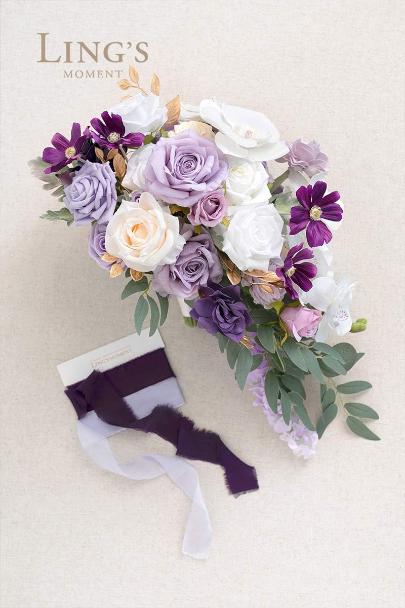 Ling's Moment Purple Bridal Bouquet Cascading, Lilac Wedding Bouquets for Bride, 13 Inch Lavender Bride Artificial Flowers Bouquets