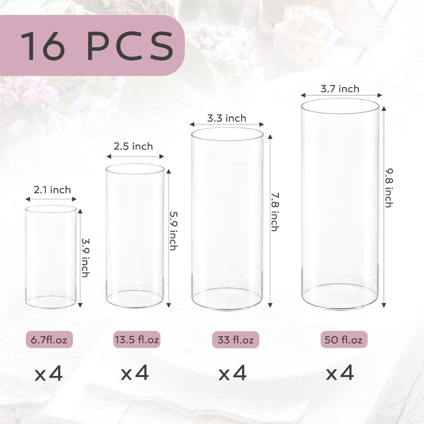 16 Pcs Cylinder Vases Set, 4,6,8,10 Inch Tall Clear Glass Vases for Centerpieces, Modern Floating Candle Holders Vase for Wedding, Table Shelf, Party, Home Decor