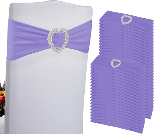100PCS Spandex Chair Sashes Bows Universal Stretch Elastic Chair Cover Band Ties with Buckle Slider for Wedding Banquet Birthday Party Reception Event Decoration(Lavender)
