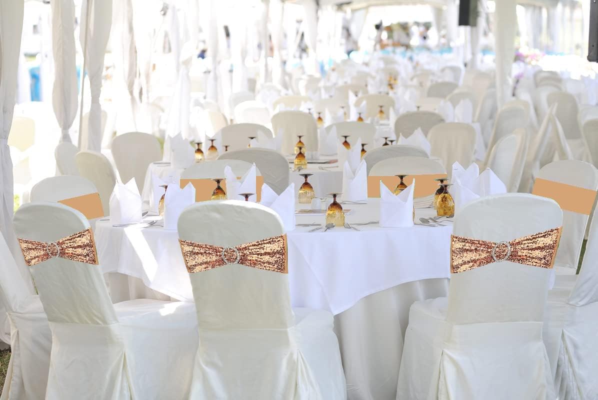 100 Pcs Chair Sashes Sequin Stretch Chair Bands Spandex Polyester Bows for Party Hotel Wedding Banquets Decoration - Rose Gold