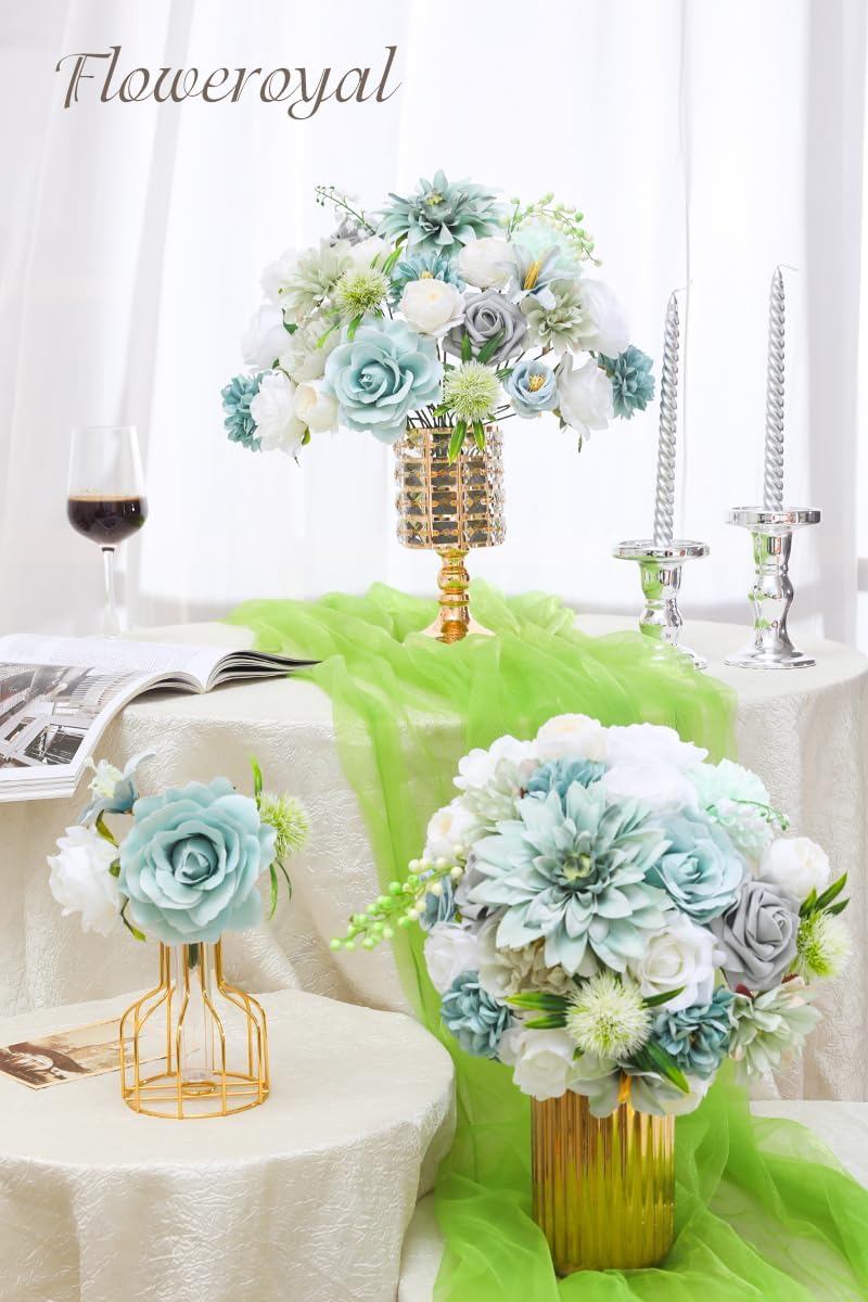 Floweroyal Artificial Flowers Combo Teal Blue Flowers Mix Silk Flowers Dahlia Roses with Stems for DIY Wedding Bridal Bouquets, Baby Shower, Floral Arrangement, Table Centerpieces, Home Decorations.