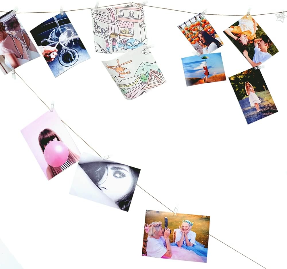 100pcs Photo Clips Mini Clothespins for Photo Wall Hanging Dorm Decor Picture Polaroid Kids Artworks Display with 98ft Twine String & Mini Wall Mount Non-Mark Hooks