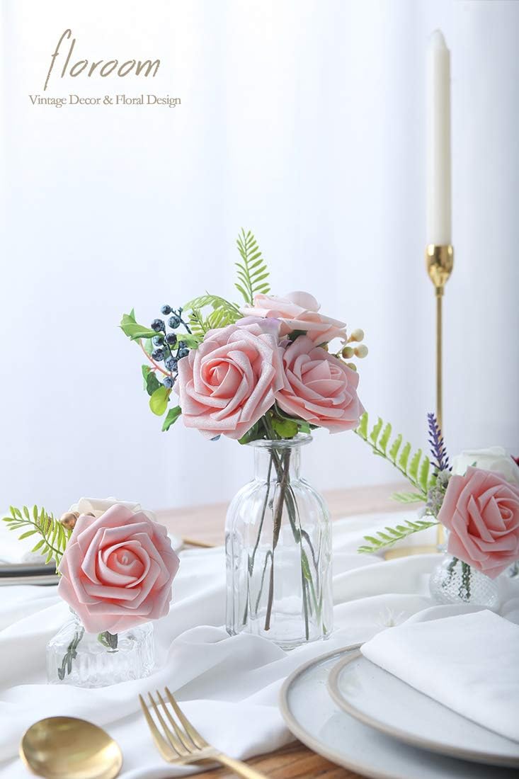 Floroom Artificial Flowers 50pcs Real Looking Peach Pink Foam Fake Roses with Stems for DIY Wedding Bouquets Bridal Shower Centerpieces Floral Arrangements Party Tables Home Decorations