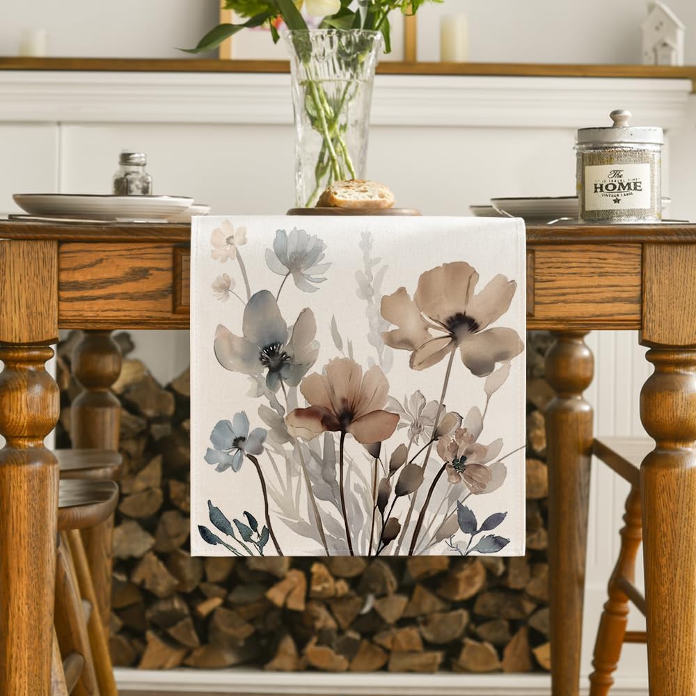 Artoid Mode Brown Poppy Floral Leaves Spring Table Runner, Seasonal Summer Kitchen Dining Table Decoration for Home Party Decor 13x36 Inch