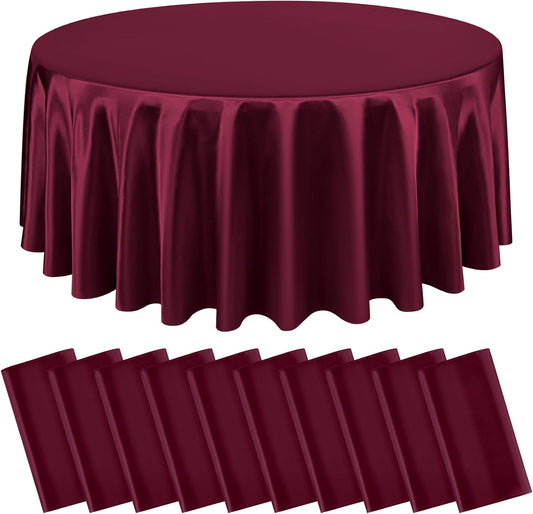 10 Packs Satin Tablecloth 120 Inch Burgundy Round Table Cloth Silk Tablecloth Smooth Fabric Overlay Satin Table Cover Decoration for Wedding Party Banquet Events
