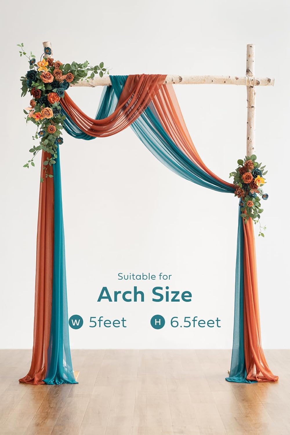 Ling's Moment Teal Orange Artificial Wedding Arch Flowers Kit Pack of 4, 2pcs Hanging Flower Arrangement 2pcs Chiffon Drapes Ceremony Reception Fake Rose Arbor Backdrop Floral Party Outdoor Decoration
