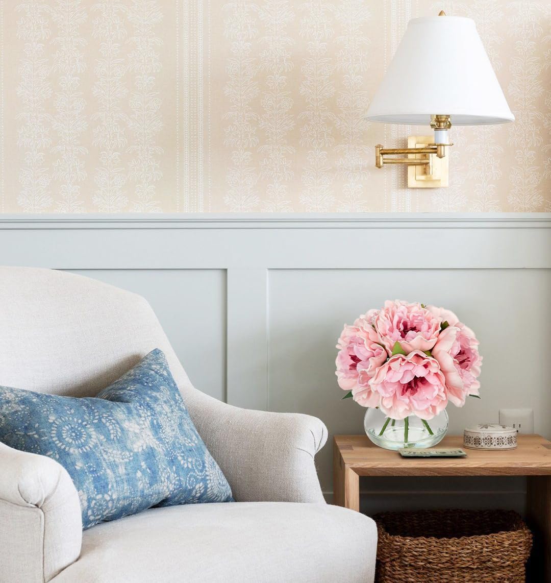 Hollyone Light Pink Peonies Artificial Flowers with Vase Faux Flowers Peony Fake Flowers Silk Flower Arrangements in Glass Vase with Faux Water for Bathroom Table Centerpiece Shelf Home Decor