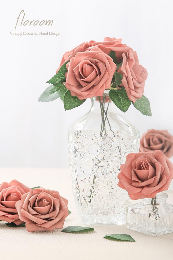 Floroom Artificial Flowers 25pcs Real Looking Dusty Pinky Cedar Foam Fake Roses with Stems for DIY Wedding Bouquets Bridal Shower Centerpieces Floral Arrangements Party Tables Home Decorations