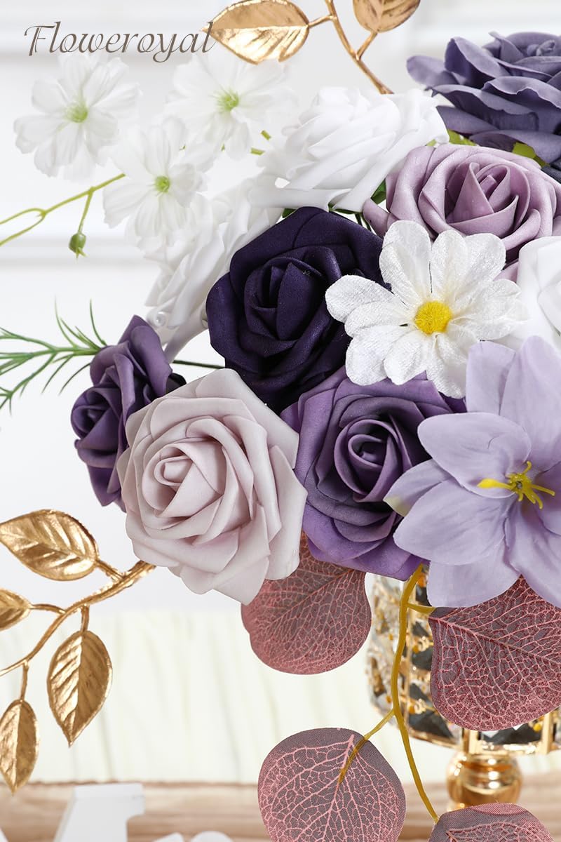 Floweroyal Artificial Flowers Combo Purple Flowers Mix Silk Flowers Fake Roses with Stems for DIY Wedding Bridal Bouquets, Baby Shower, Floral Arrangement, Table Centerpieces, Home Decorations