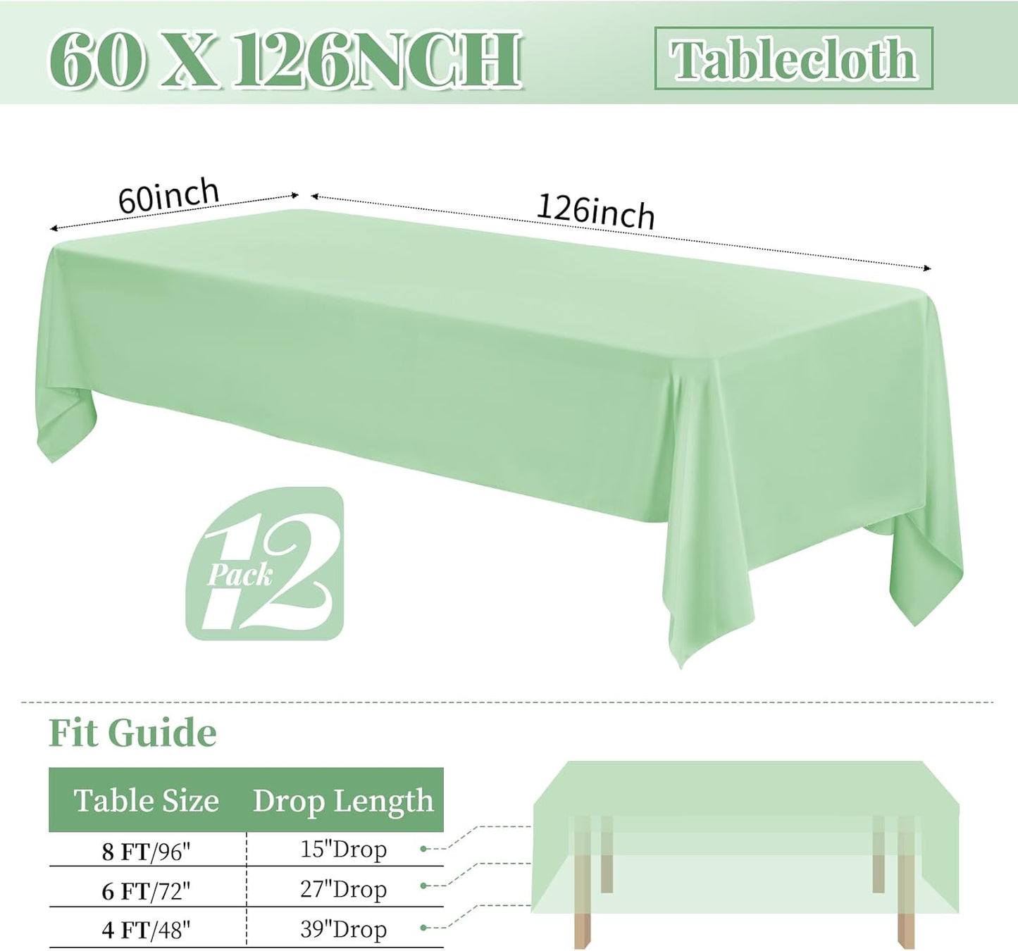 12 Pack 60 x 126 Inch Rectangle Tablecloth Sage Green Polyester Tablecloth for 8 Ft Rectangle Tables, Washable Fabric Table Cloth for Wedding Dining Table Buffet Parties Camping
