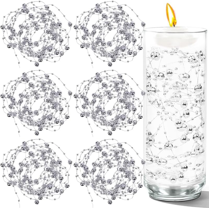 100 PCS Artificial Floating Beads for Centerpieces Vases, Silver 8+3mm String Beads for Wedding Party Faux Pearl String for Decorating, String Pearls for Crafts Vase Filler