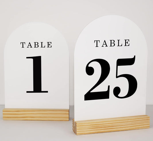 Wedding Table Numbers 1-25, Acrylic Arch Signs with Natural Wood Stands Holders, Rustic Table Decor for Reception & Parties (White Black)