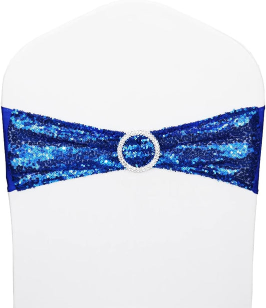 100 Pcs Sequin Chair Sashes Stretch Chair Bands Spandex Polyester Bows for Party Hotel Wedding Banquets Decoration - Royal Blue