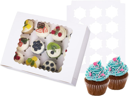 15-Set Cupcake Boxes Hold 12 Standard Cupcakes, Food Grade Cupcake Holders Bakery Carrier Boxes with Windows and Inserts for Cupcakes, Muffins and Pastries (White-15 Pack)