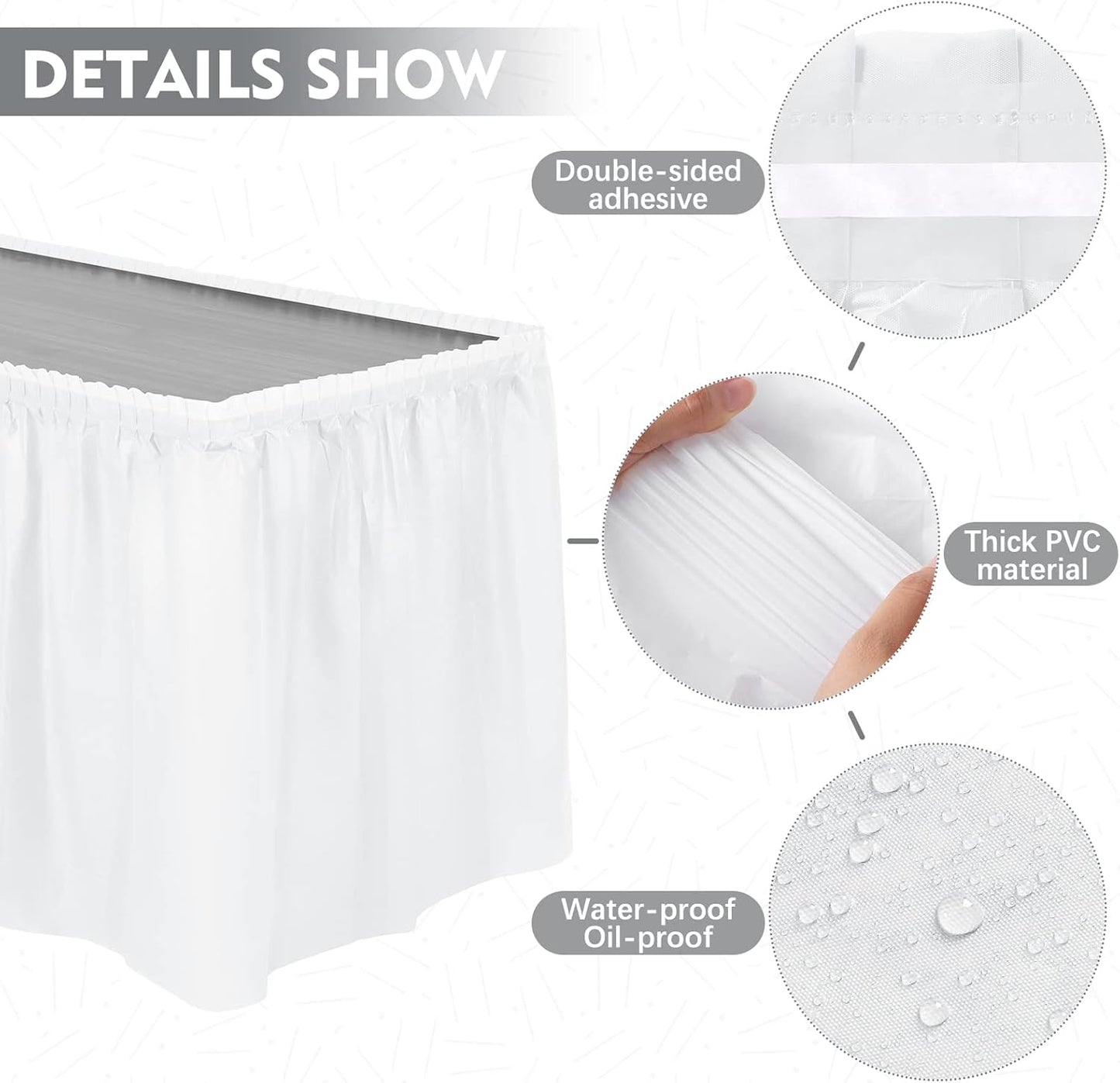 TURSTIN 4 Pieces White Plastic Table Skirts 14 Feet x 29 Inch for Rectangle Tables Fitted Tablecloth Disposable Table Cover for Birthday Party, Events, Banquette Baby Shower