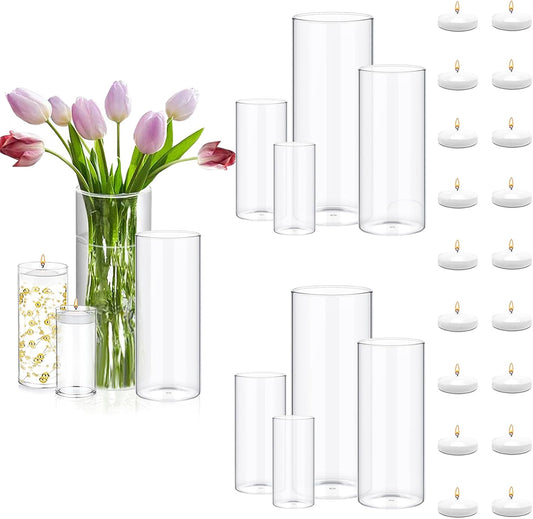 Set of 12 Pcs Glass Cylinder Vases for Centerpieces with 18 Pcs White Floating Candles for Centerpieces Glass Candle Holder for Table Shelf Wedding Party Home Decor (4"+6"+8"+10")