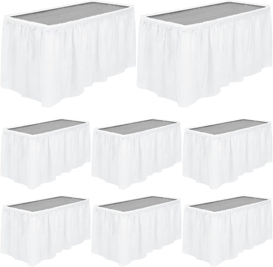 TURSTIN 8 Pieces White Plastic Table Skirts 14 Feet x 29 Inch for Rectangle Tables Fitted Tablecloth Disposable Table Cover for Birthday Party, Events, Banquette Baby Shower