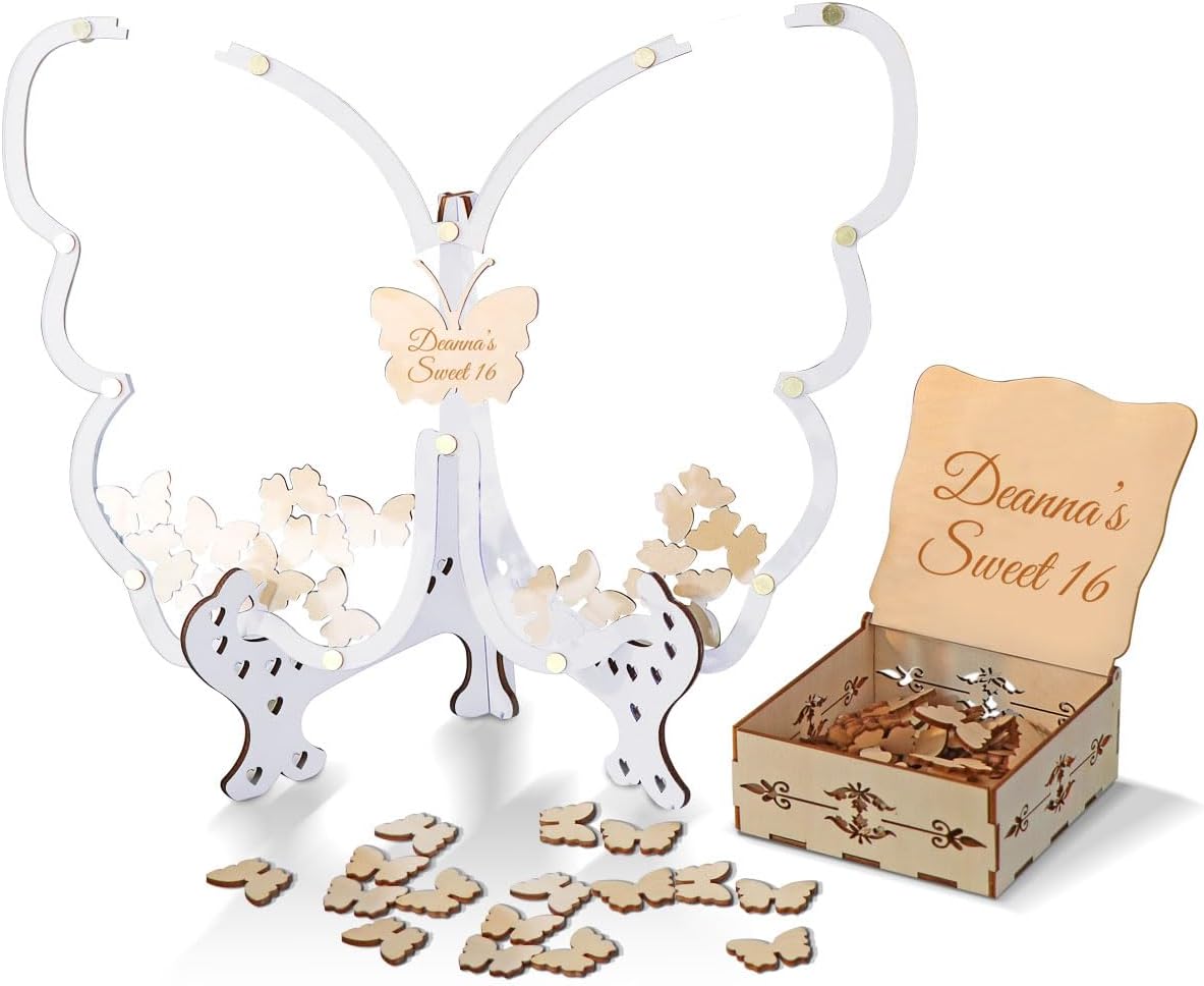 14Colors Butterfly Guest Book Alternativey for 40 Guests to 200 Guests,Rustic Drop Wooden Signs for Wedding,Quinceanera,Birthdays and Baby Show