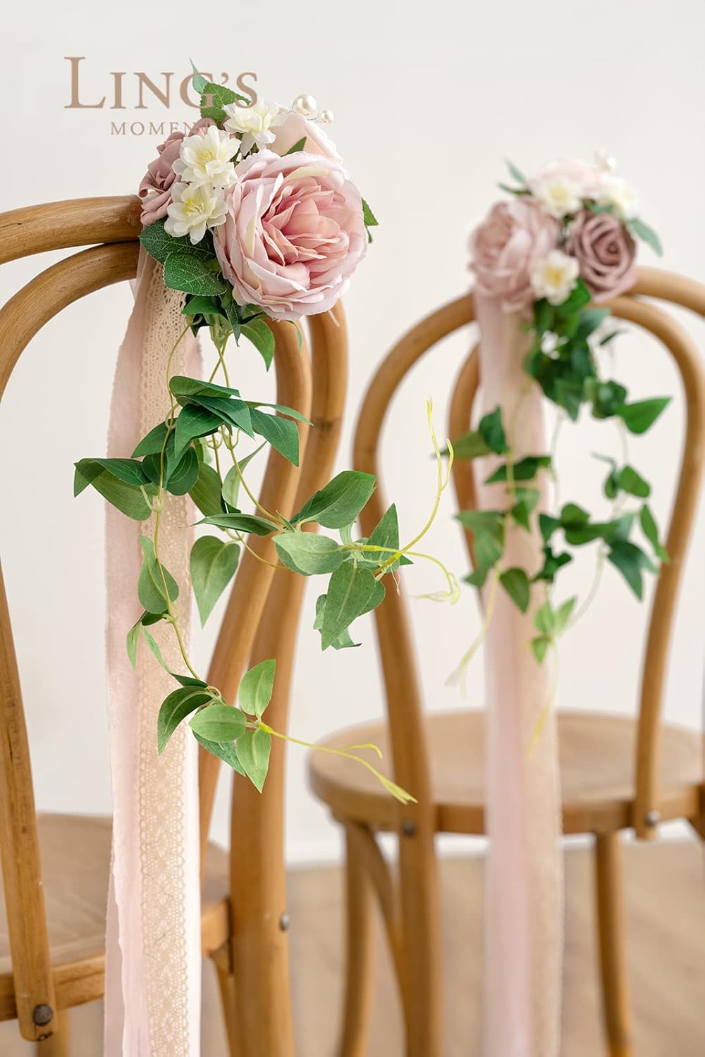Ling's moment 8pcs Wedding Artificial Aisle Pew Flowers Chair Decorations Arrangements with Chiffon Ribbons Dusty Rose Cream for Ceremony Chair Back Floral Decor Reception Church Party Outdoor