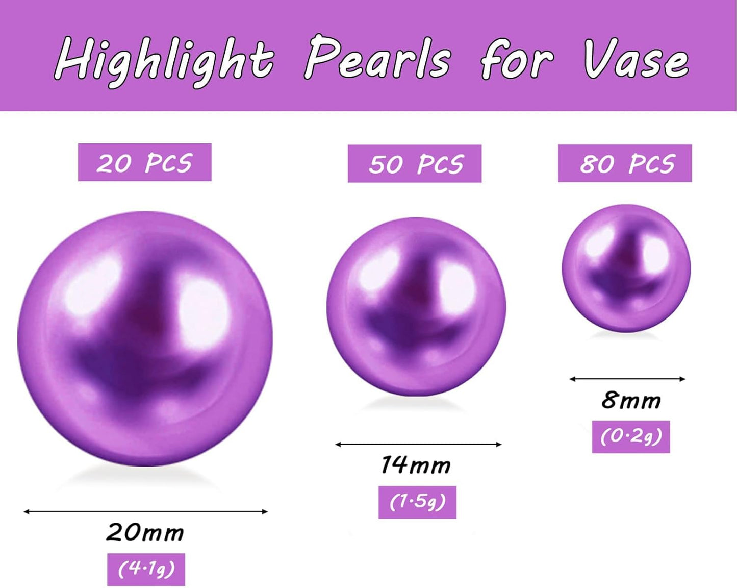 150Pcs Purple Polished No Hole Faux Pearl Beads for Vase Filling Decorations, Plastic Pearls Vase Fillers, Table Scatters, Wedding Centerpiece, Home Decor, 8/14/20 mm
