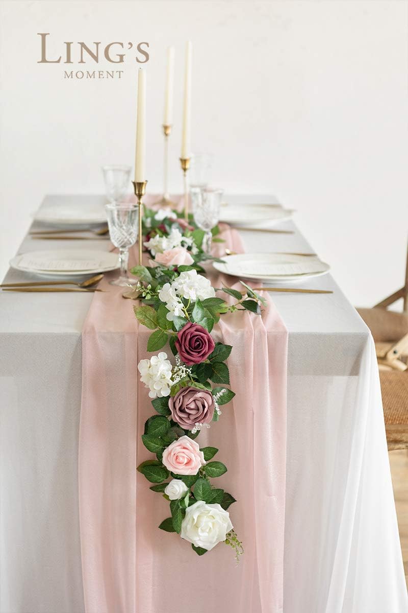 Ling's moment 5FT Dusty Rose Artificial Flower Garland Blush Rose Leaves Floral Garland Arch Flowers Vine for Wedding Party Backdrop Decor Mantel Home Table Centerpieces Wall Decorations Cream