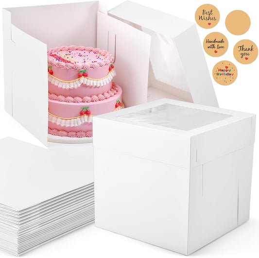 12Pcs Cake Boxes, 12x12x12 Inches Tall Cake Boxes with Window, White Square Disposable Cake Carrier Container for Multi-Layer Cakes Birthday Party Wedding Bakery Boxes