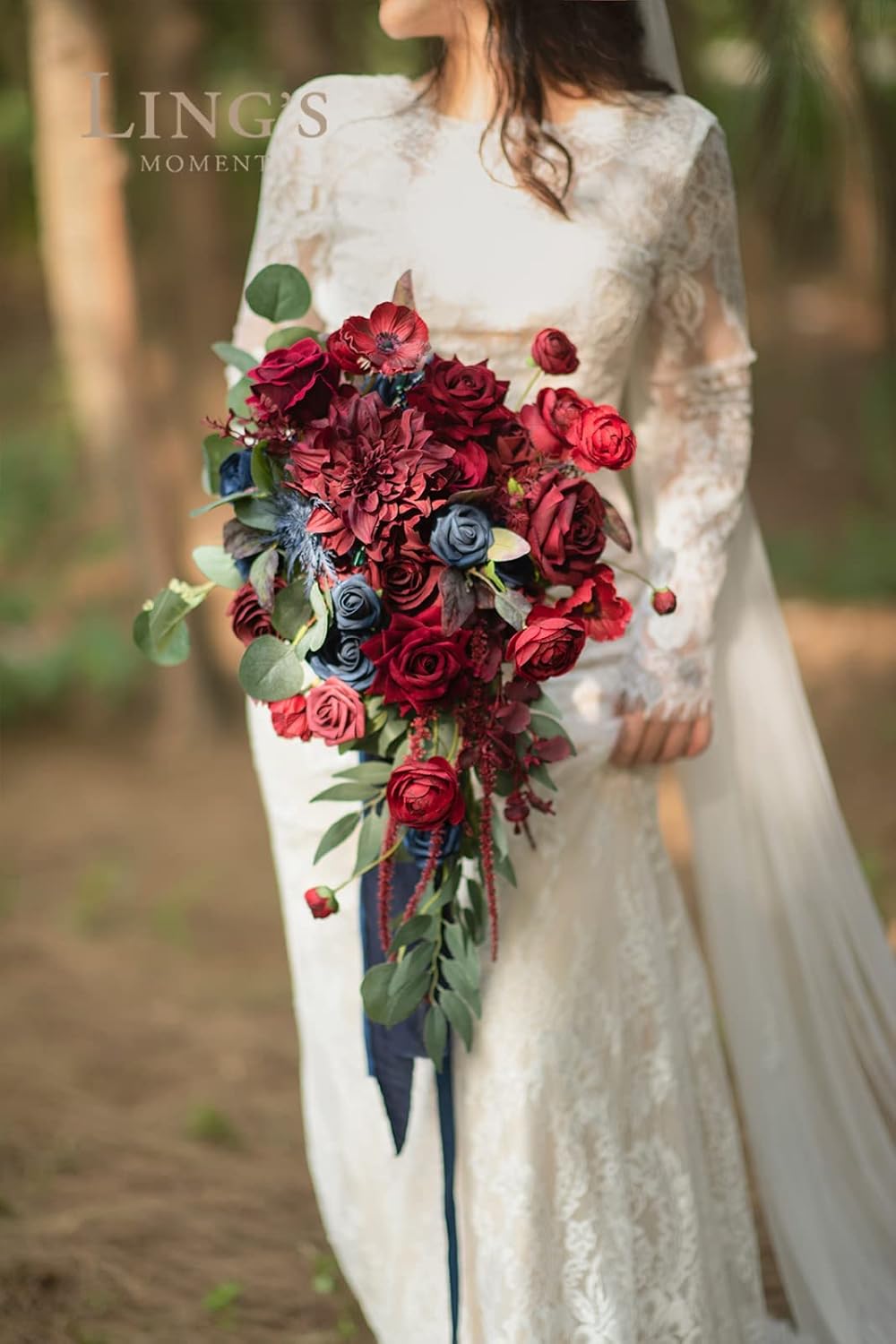 Ling's moment Navy Blue Burgandy Bridal Bouquet Cascading, Jewel Tone Wedding Bouquets for Bride, 15 Inch Bride Bouquets for Wedding Artificial Flowers Bouquets