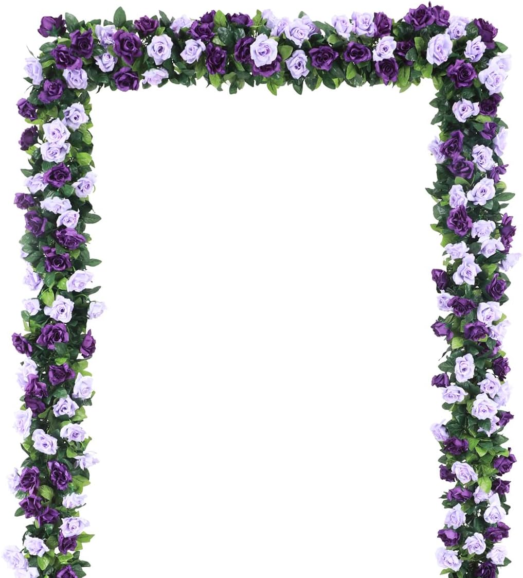 Kisflower 3Pack Artificial Rose Flower Garland, 23.7FT Fake Vines Silk Flowers Hanging Rose Ivy for Wedding Arch Decorations Room Party Home Garden Hotel Office Wall Decor (Purple)