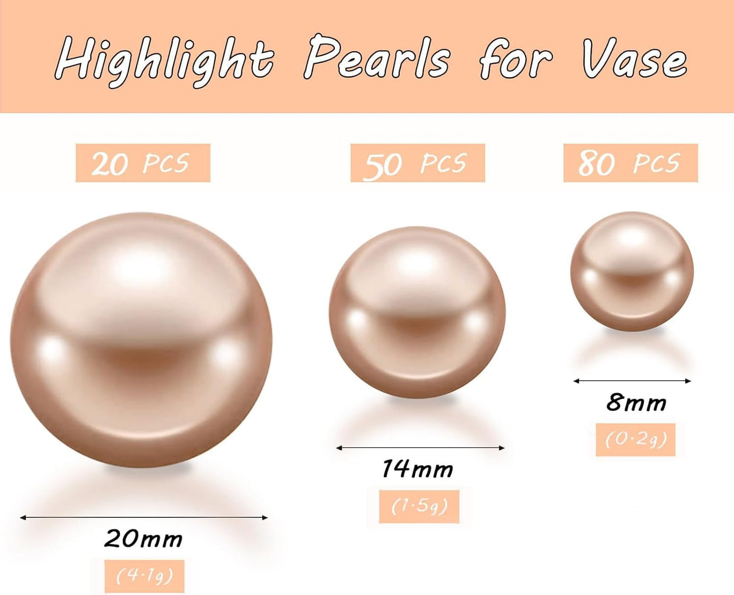 150Pcs Champagne Polished No Hole Faux Pearl Beads for Vase Filling Decorations, Plastic Pearls Vase Fillers, Table Scatters, Wedding Centerpiece, Home Decor, 8/14/20 mm