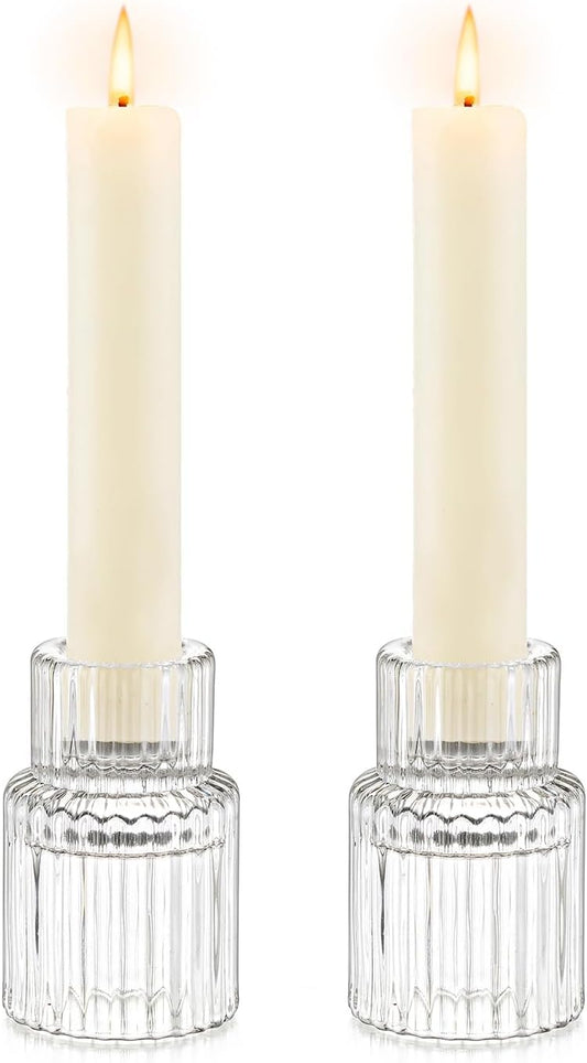 Candle Holder Glass Candlestick Holders: Hewory 2PCS Clear Taper Candle Holders Bulk for Table Centerpiece, Glass Candle Holder Candle Stick Holder Decor for Christmas Wedding Party Bridal Showers