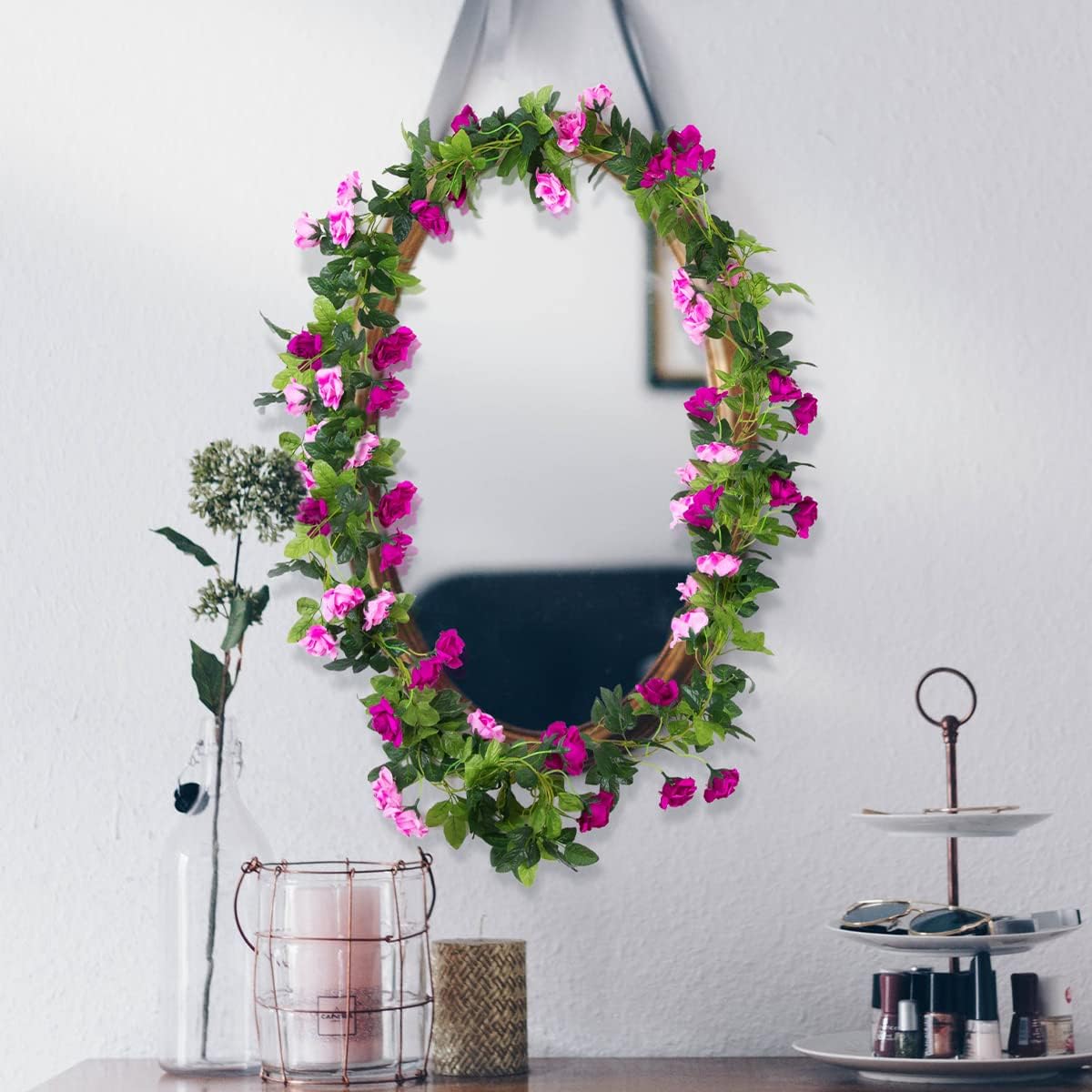 Kisflower 3PCS/23.7FT Artificial Rose Flower Garland, Fake Vines Silk Floral Hanging Plant for Wedding Arch Decorations Room Party Home Garden Hotel Office Wall Decor (Fuchsia)