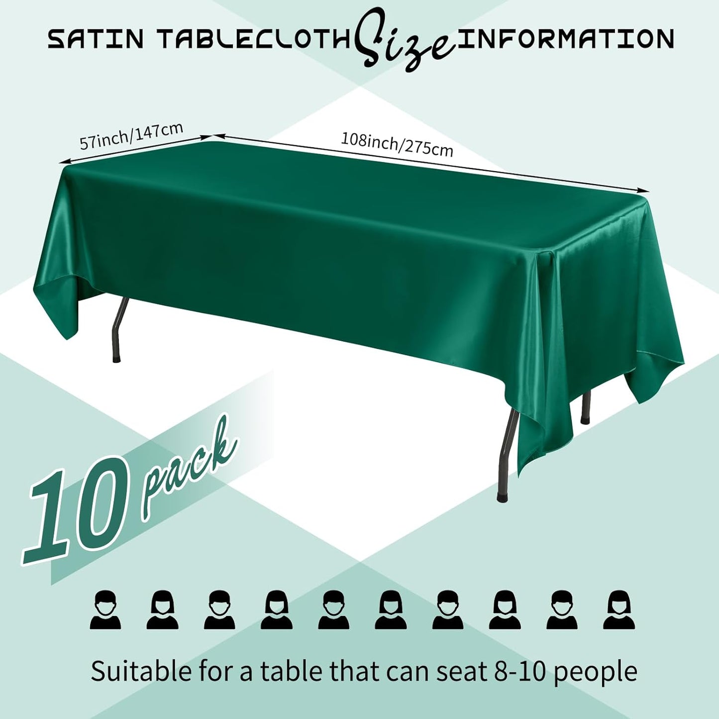 10 Packs Satin Tablecloth 57 x 108 Inch Dark Green Rectangular Table Cloth Silk Tablecloth Smooth Fabric Overlay Satin Table Cover Decoration for Wedding Party Banquet Events