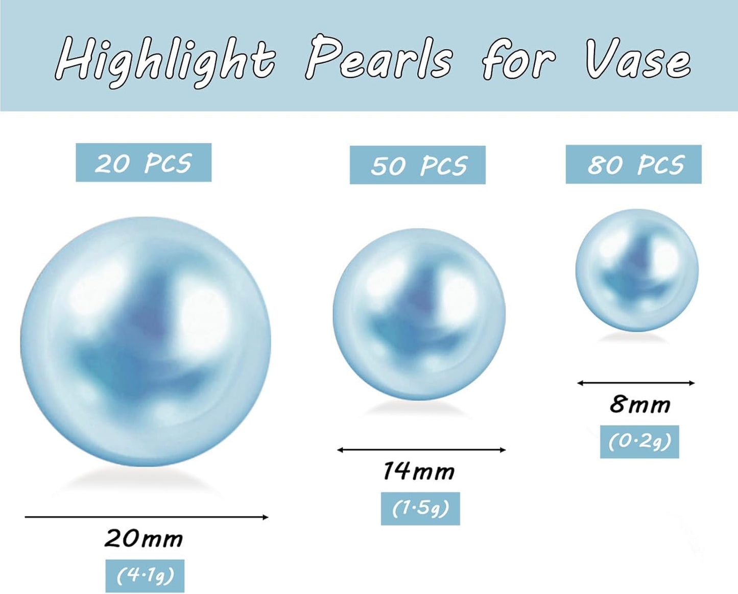 150Pcs Light Blue Polished No Hole Faux Pearl Beads for Vase Filling Decorations, Plastic Pearls Vase Fillers, Table Scatters, Wedding Centerpiece, Home Decor, 8/14/20 mm