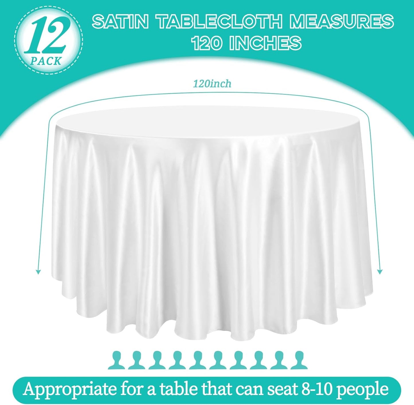 12 Pack 120 Inch White Satin Tablecloth - Premium Bright Silky Round Tablecloth Overlay Smooth Fabric Table Cover, Table Decoration for Wedding Party Banquet Events Restaurant Kitchen Dining