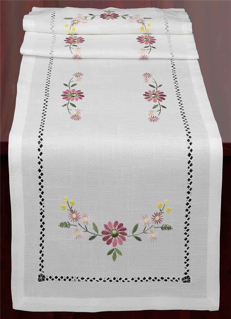 Creative Linens Hemstitched Embroidered Daisy Flower Table Runner 15x70 Dresser Scarf White Rectangular