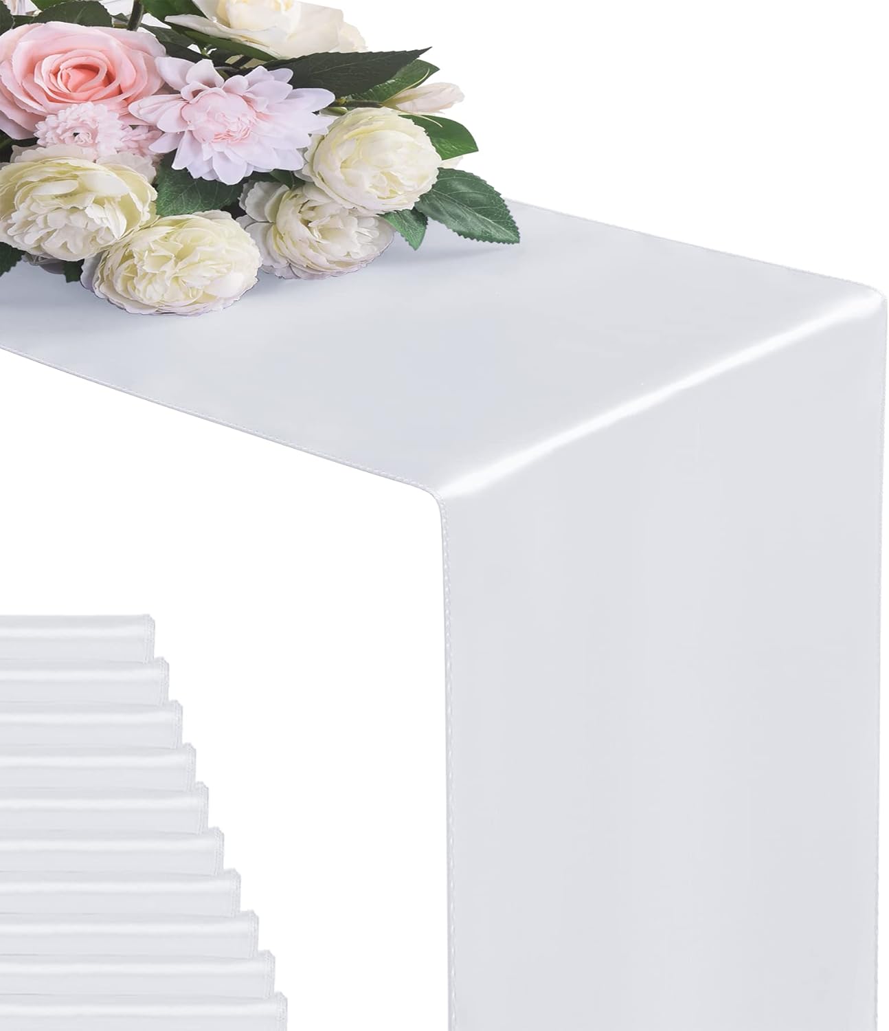 12Pack Table Runner 12 x 108 Inches Satin Silk Table Runner for Wedding, Birthday Party, Banquets, Graduations Decoration, fit Rectange and Round Table-White