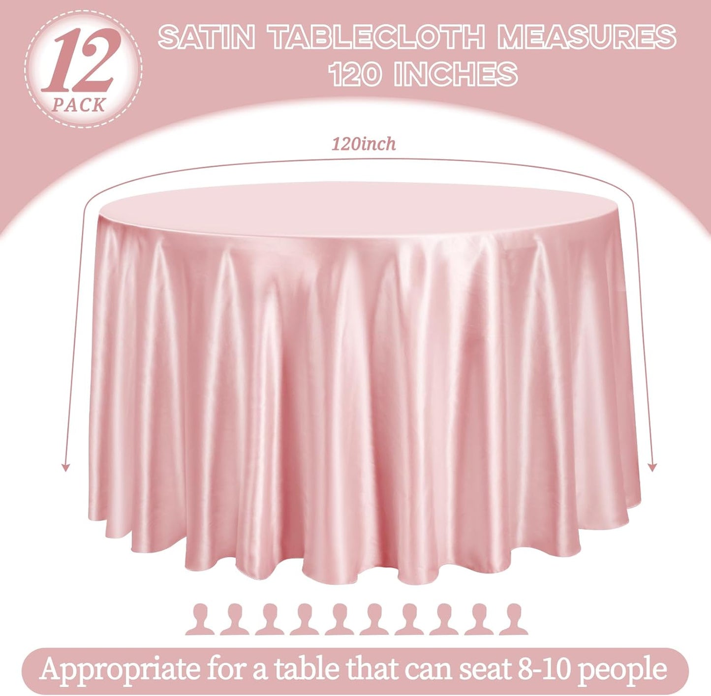 12 Pack 120 Inch Rose Gold Satin Tablecloth - Premium Bright Silky Round Tablecloth Overlay Smooth Fabric Table Cover, Table Decoration for Wedding Party Banquet Events Restaurant Kitchen Dining
