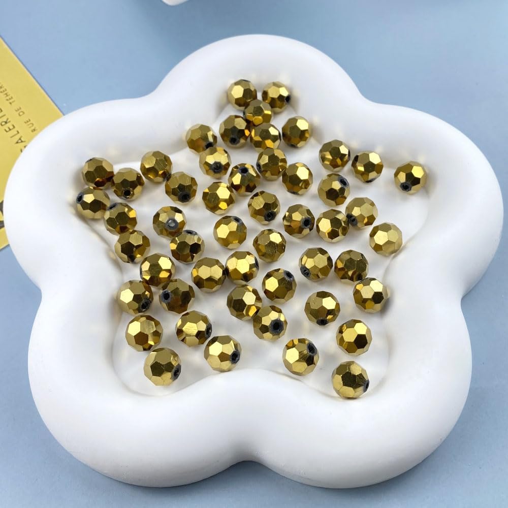 100 PCS 8mm Crystal Glass Beads Round Multiple Faceted Loose Spacer Glass Beads for DIY Handcrafte Bracelet Necklace Earring Jewelry Making(Gold)