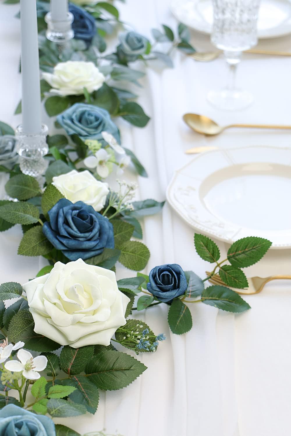 PONATIA 5FT Handcrafted Artificial Rose Flower Garland, Dusty Blue Flowers Greenery Garland for Wedding Ceremony Garlands Backdrop Arch Flowers, Ceremony Reception Table Decorations