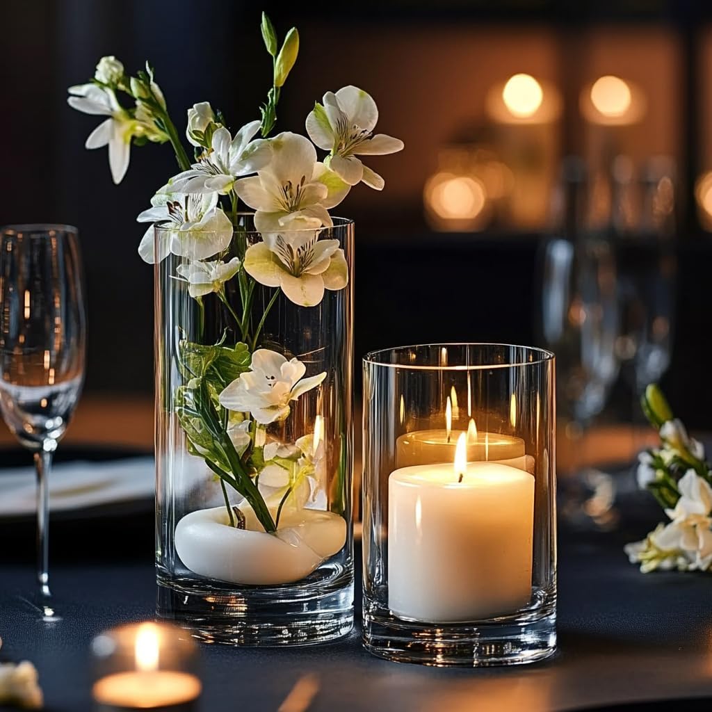 15pcs Clear Glass Vase for Centerpieces, 4,6,7.5,8,10 inch Tall Cylinder Flower Vase Bulk Floating Candle Holder for Wedding Table Home Décor and Party