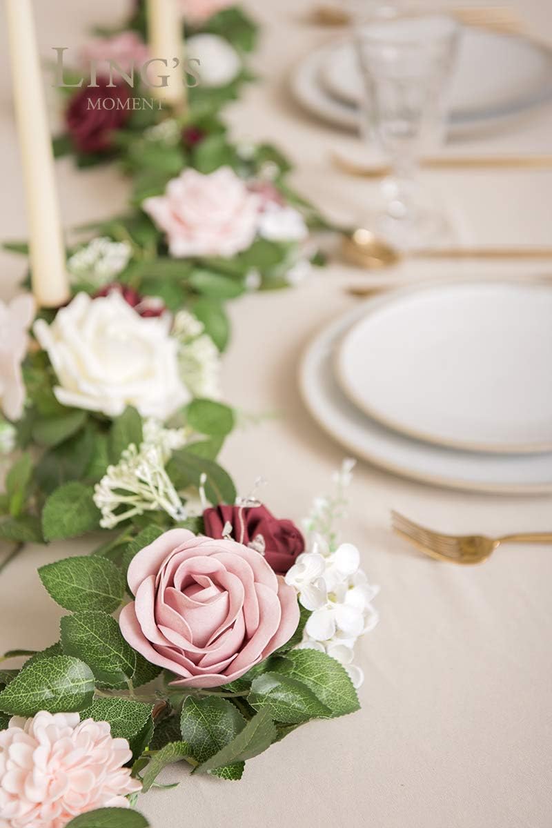 Ling's moment 5FT Dusty Rose Artificial Flower Garland Blush Rose Leaves Floral Garland Arch Flowers Vine for Wedding Party Backdrop Decor Mantel Home Table Centerpieces Wall Decorations Cream