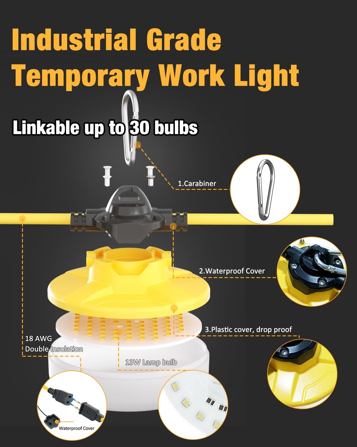 100FT LED Construction String Lights 3 Prong, 130W 16000Lm LED String Work Lights, 5000K Daylight Temporary Lighting for Construction Sites, Jobsite, Renovation, Mine Cave, UL Listed
