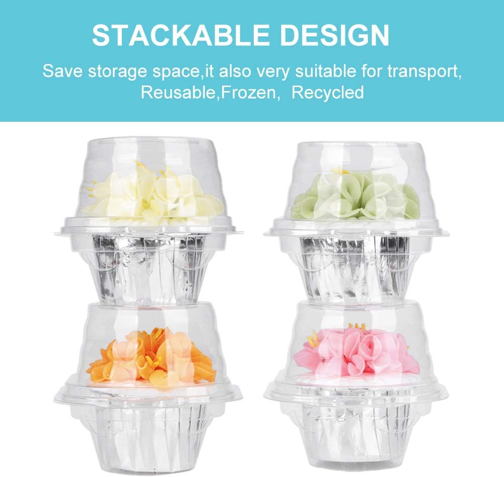100 Pcs Cupcake Boxes Plastic Individual Cupcake Containers Single Cupcake Carrier with Connected Airtight Dome Lid for Party
