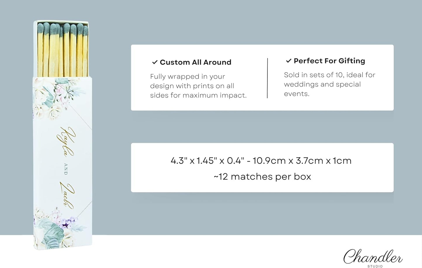 10 Boxes - Customized Matchboxes Colorful Tips (Wedding Design #5, 4" Matchboxes) (4" Matchsticks, Wedding Design #5)